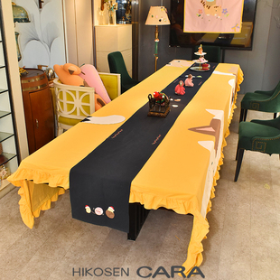 HIKOSEN CARA卡拉猫长方形桌布黄色猫咪贴布荷叶边装饰家用餐桌布