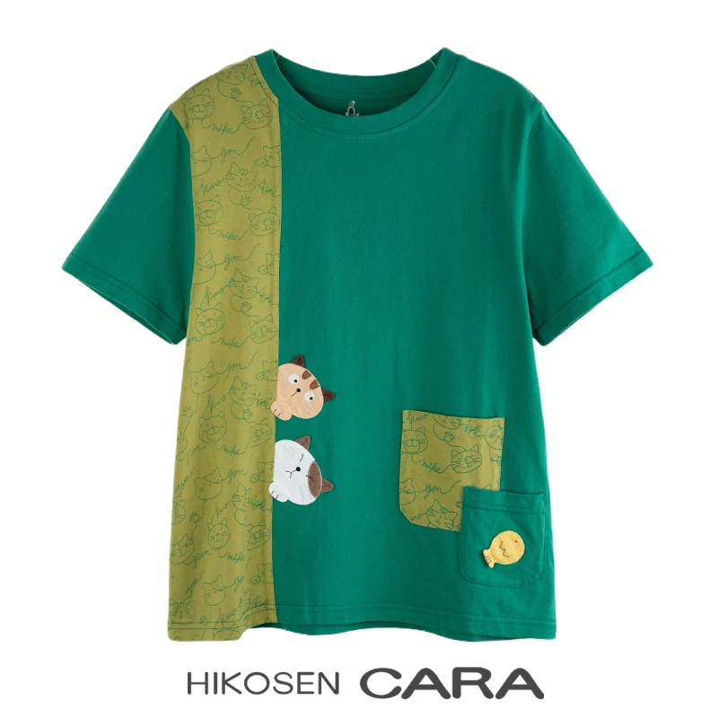 HIKOSEN CARA卡拉猫新款纯棉短袖女小拱&虎斑猫日系撞色宽松上衣