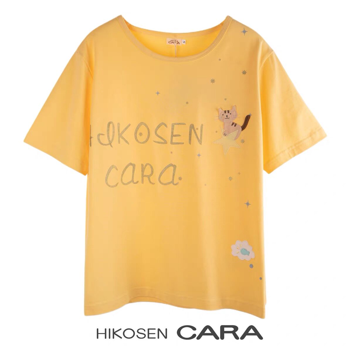 HIKOSEN CARA卡拉猫夏季卡通纯棉星星短袖T恤女宽松贴布猫猫上衣