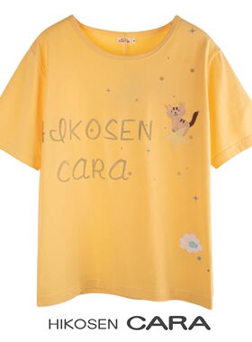 HIKOSEN CARA卡拉猫夏季卡通纯棉星星短袖T恤女宽松贴布猫猫上衣