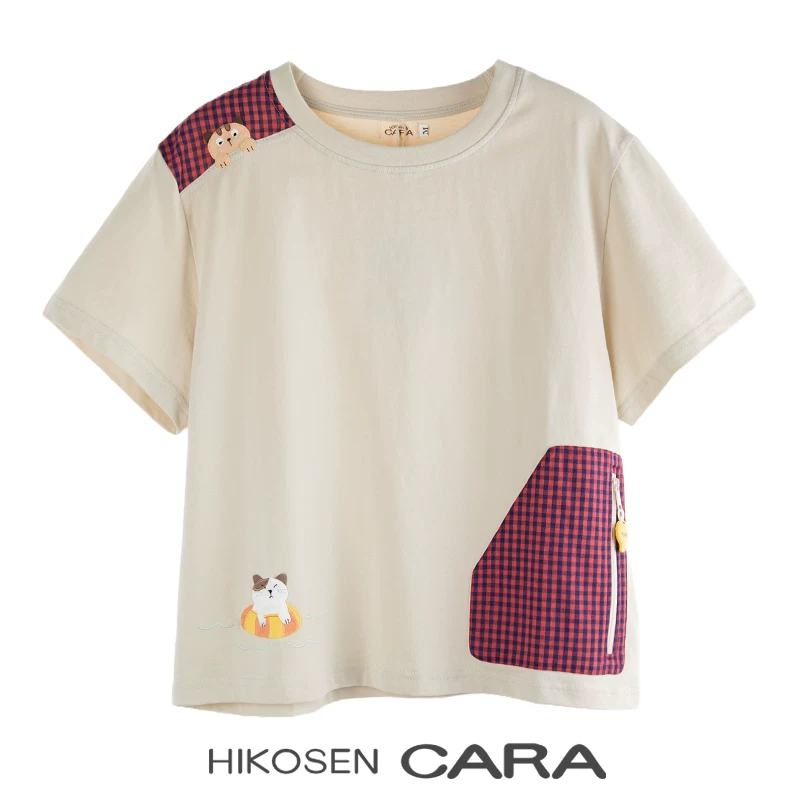 HIKOSEN CARA卡拉猫夏季纯棉T恤小拱&虎斑猫贴布格纹百搭格子短袖