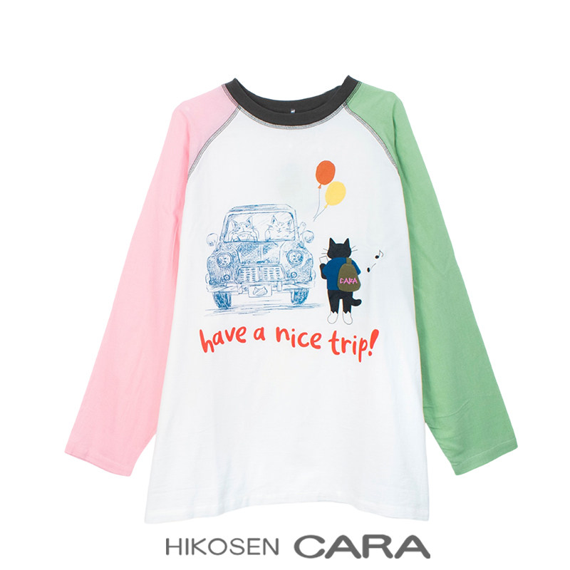 HIKOSEN CARA卡拉猫撞色插肩袖棉纱长袖T恤女宽松小众防晒女上衣