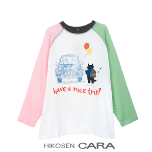 HIKOSEN CARA卡拉猫撞色插肩袖棉纱长袖T恤女宽松小众防晒女上衣