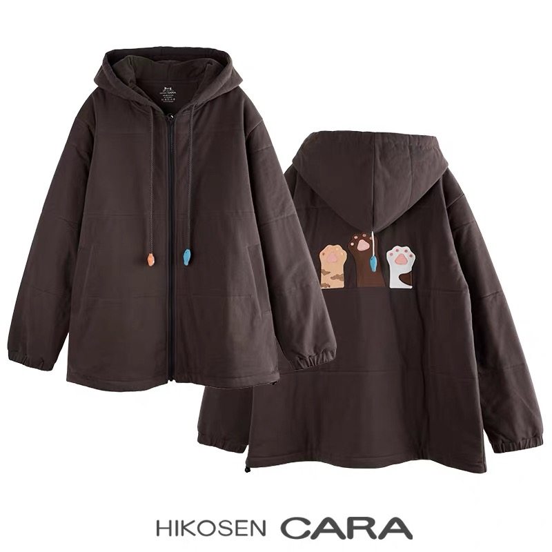 HIKOSEN CARA卡拉猫新款猫爪连帽棉服宽松中长款百搭休闲保暖外套