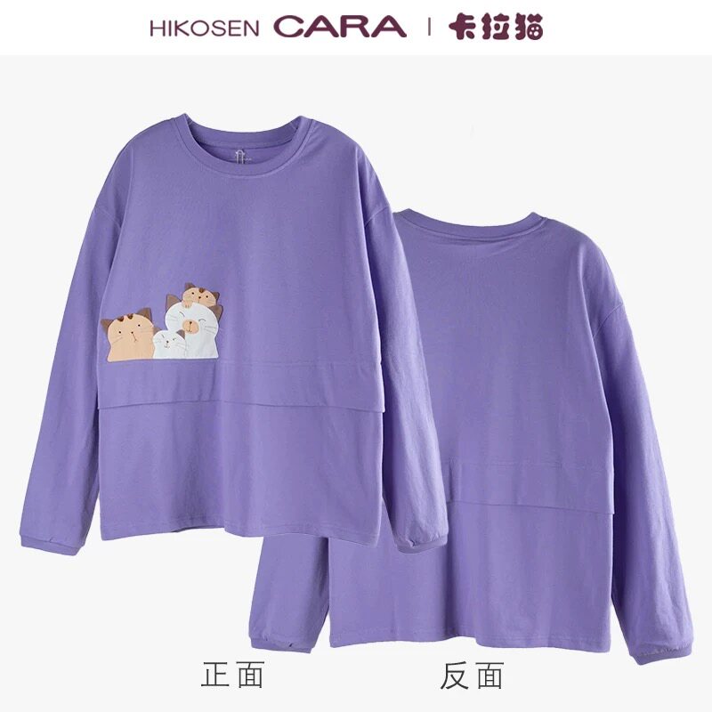 HIKOSEN CARA卡拉猫秋季猫咪长袖卫衣贴布紫色女圆领宽松上衣
