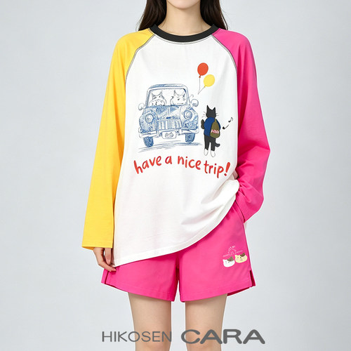 HIKOSEN CARA卡拉猫撞色插肩袖棉纱长袖T恤女宽松小众防晒女上衣