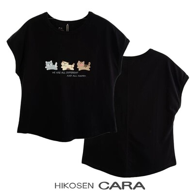 HIKOSEN CARA卡拉猫纯棉卡通猫咪圆领短袖T恤女宽松休闲百搭上衣