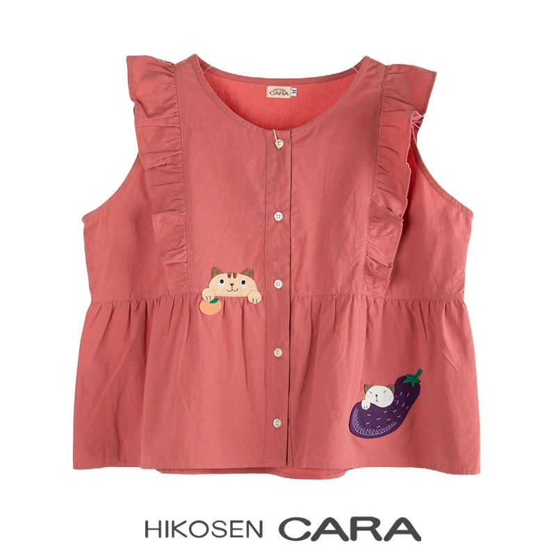 HIKOSEN CARA卡拉猫日系纯棉卡通印花无袖夏荷叶边小飞袖背心上衣