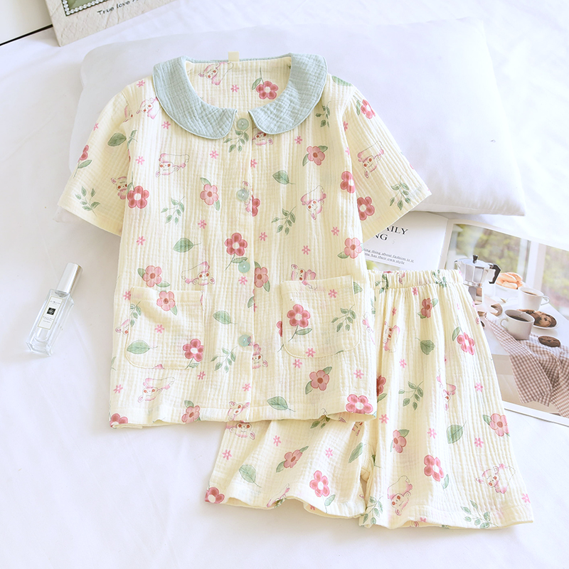 儿童全棉纱布女童夏季短袖睡衣套