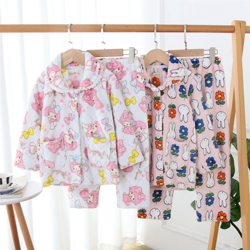 日系草莓小兔秋冬儿童珊瑚绒睡衣女童法兰绒加厚亲子装.公主家居