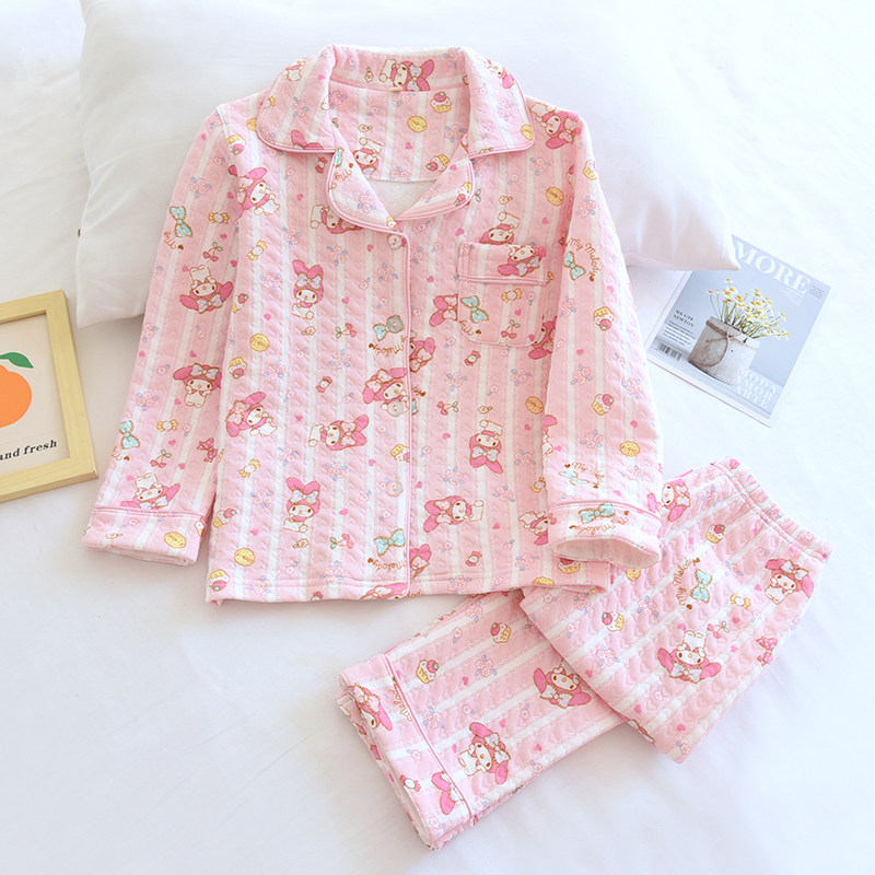 日系可爱卡通粉娃娃儿童秋冬纯棉空气棉睡衣套女童加厚夹层家居服