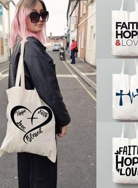 犇aith Hope Love 女士帆布单肩托特包简约个性大容量环保购物袋