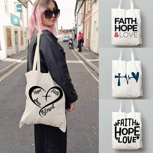 犇aith Hope Love 女士帆布单肩托特包简约个性大容量环保购物袋