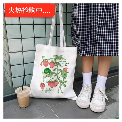 犇Strawberry Canvas Bag 个性小清新草莓印花单肩手提帆布袋托特