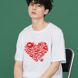 趣味心形kylie的唇印t恤夏季男女同款宽松纯棉短袖衣服情侣装