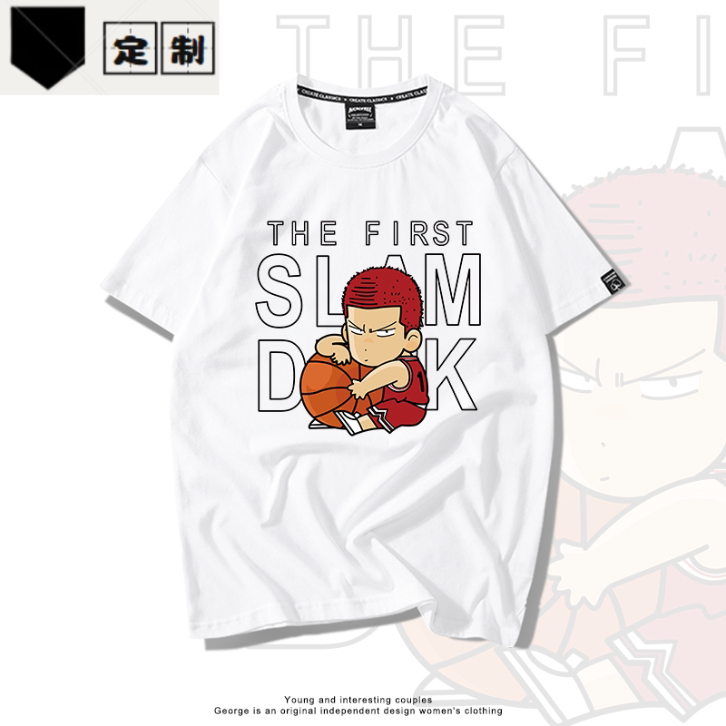 卡通灌篮高手樱木花道天才抱篮球圆领国潮短袖宽松男女纯棉T恤衫