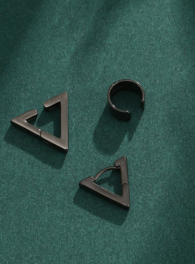 925纯银萧逸耳钉同款耳骨夹 黑色三角形耳环