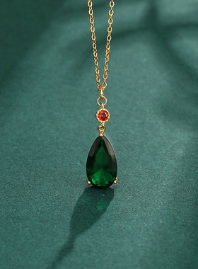 925纯银哈尔的移动城堡项链 复古祖母绿锁骨链 新中式水滴长款