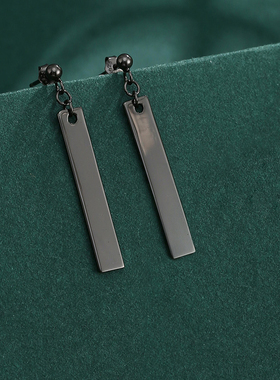 925银黑色单边耳夹耳饰 长方形吊牌耳环 长款长耳钉简约中性耳坠