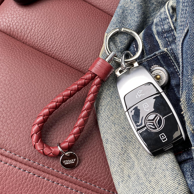 牛皮编织汽车钥匙链情侣钥匙扣激光刻字钥匙皮绳纯色企业定制LOGO