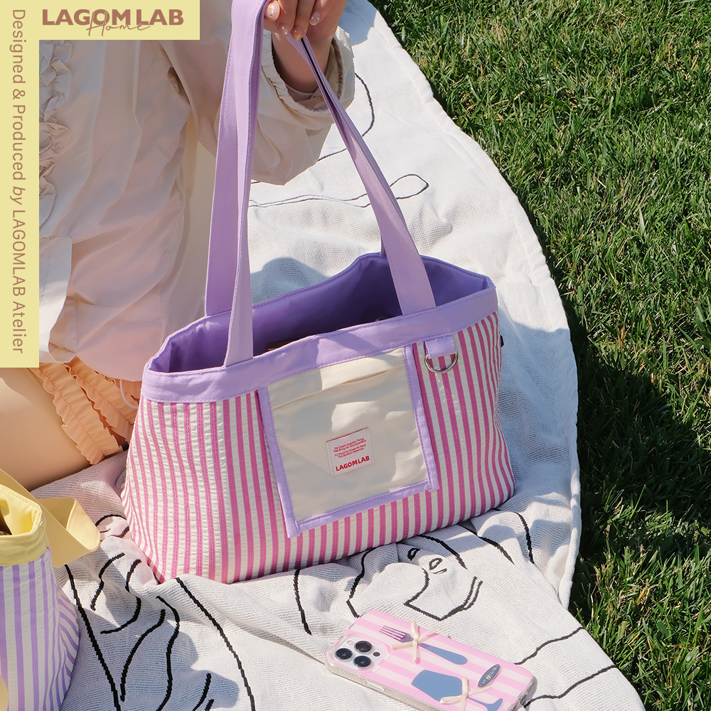 LAGOMLAB双面可背纯色条纹撞色托特包色彩多巴胺小个子单肩包