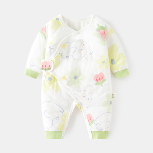 新生男女宝宝夹棉连体衣薄棉纯棉无骨保暖哈衣初生婴儿秋冬和尚服