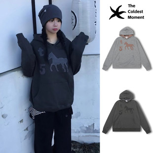 韩国小众潮牌thecoldestmoment连帽卫衣女tcm马年限定款帽衫外套