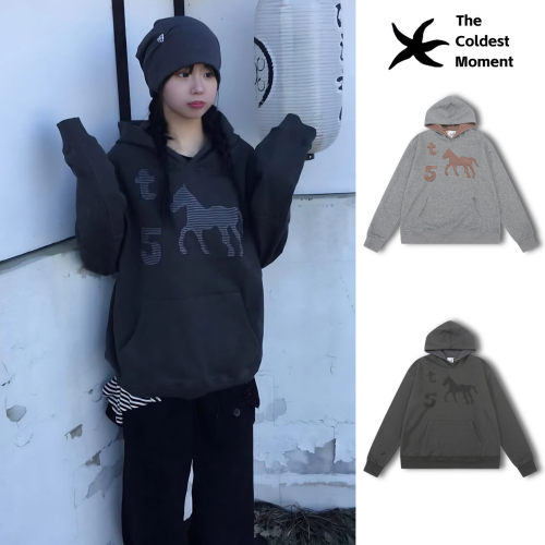韩国小众潮牌thecoldestmoment连帽卫衣女tcm马年限定款帽衫外套
