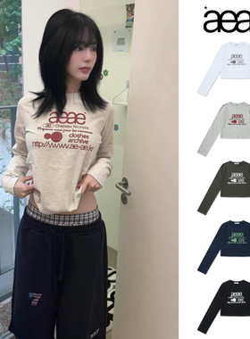 韩国小众潮牌aeae长袖T恤早秋新款辣妹修身显瘦百搭字母印花上衣