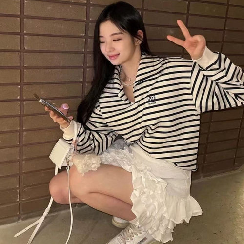 韩国小众潮牌RONRON条纹宽松卫衣裴珠泫同款休闲polo领上衣女