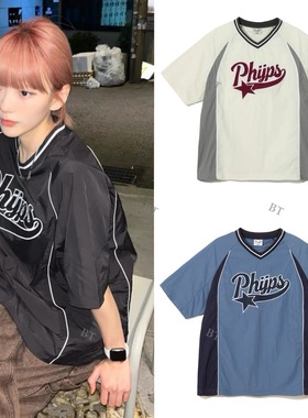 wonhee黄冠亨同款 PHYPS韩国男女款V领字母刺绣上衣短袖T恤