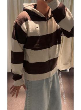 25秋 THE COLDEST MOMENT stripe 复古条纹拉链连帽针织毛衣开衫