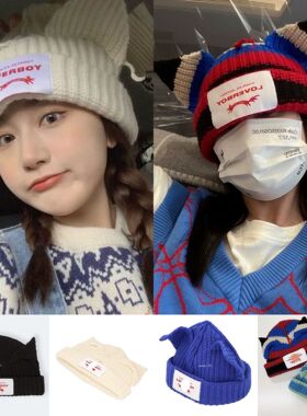 loverboy羊毛针织帽子女秋冬百搭小众情侣可爱猫猪耳朵毛线帽潮