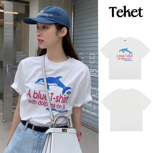 韩国小众潮牌Teket海豚字母印花车静媛同款圆领短袖T恤休闲百搭女
