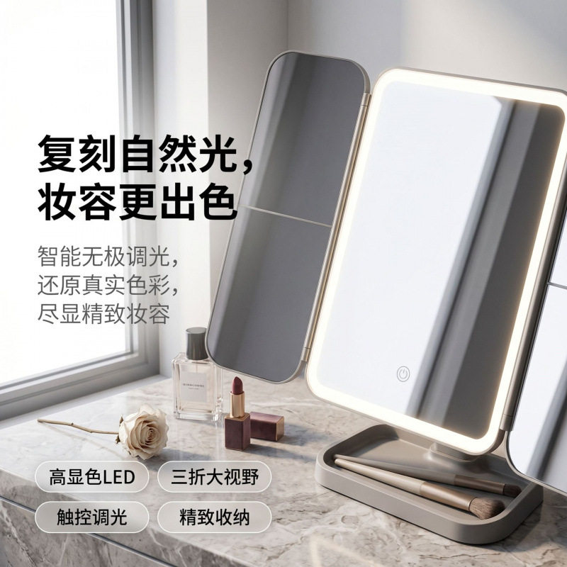 三面折叠带灯化妆镜桌面台式补光