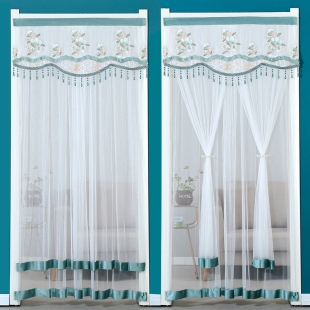 新款纱门帘免打孔伸缩杆粘贴门帘双层纱防蚊帘子纱帘蕾丝绣花双开