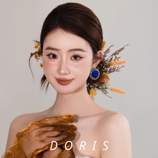 2025新款 新娘蓝色金属圆形耳钉精致气质耳环简约复古耳饰