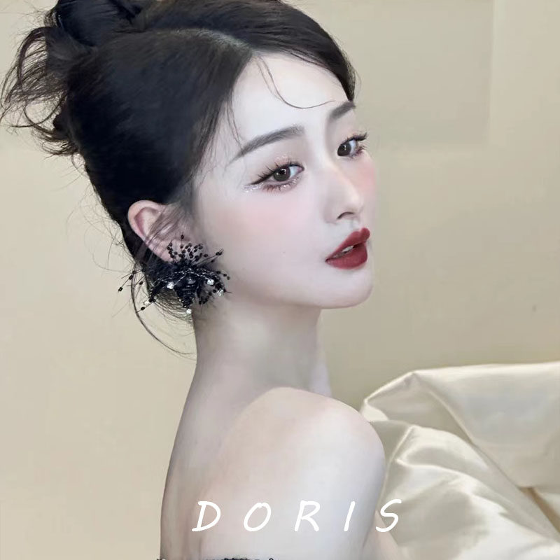 黑色花朵夸张耳环珍珠花耳钉串珠法式新娘晚宴耳饰品结婚礼服耳坠