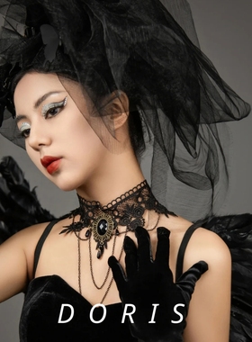 新款欧美夸张黑蕾丝水晶首饰纯手工锁骨链高级感项圈