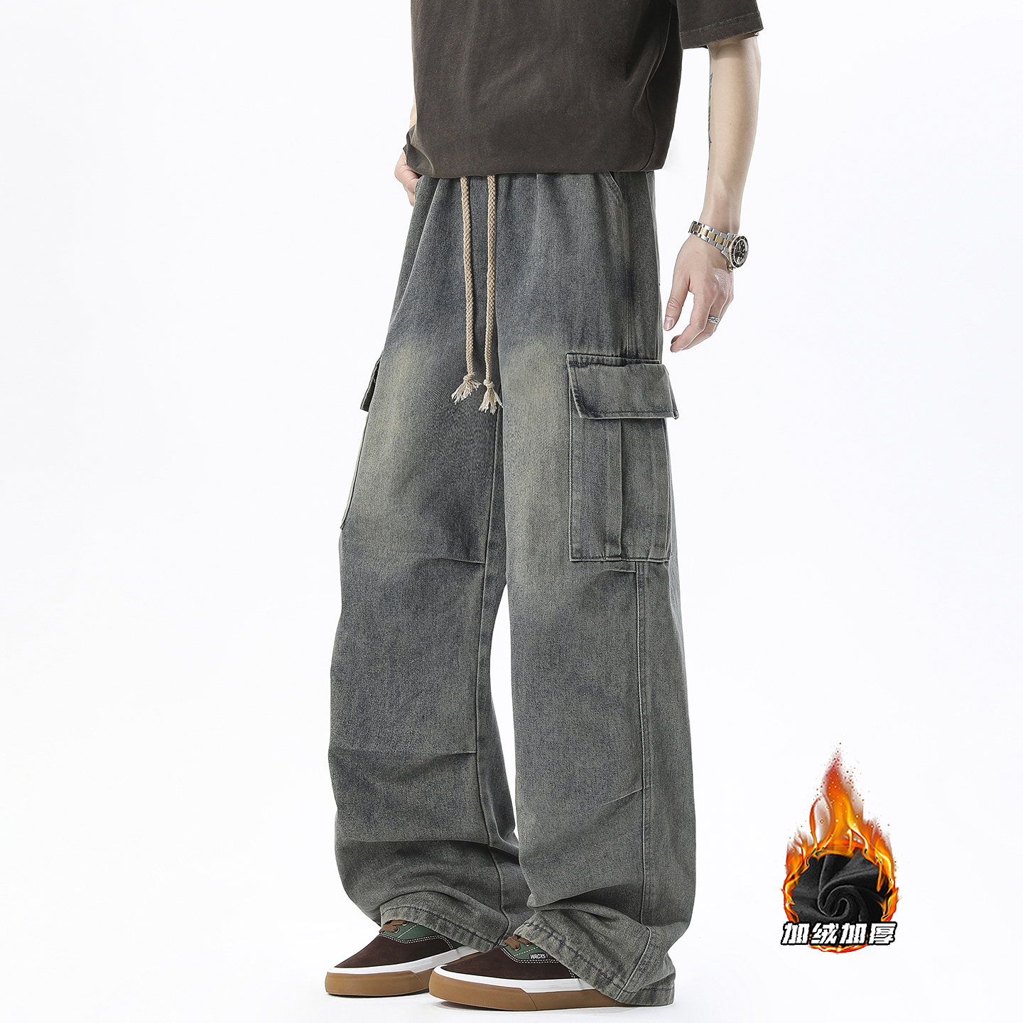 美式工装高街阔腿牛仔裤男