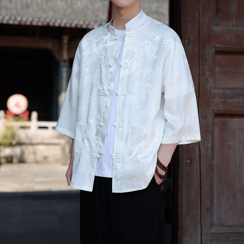 夏季冰丝七分袖立领衬衫男大码宽松白色龙纹提花休闲国潮盘口唐装
