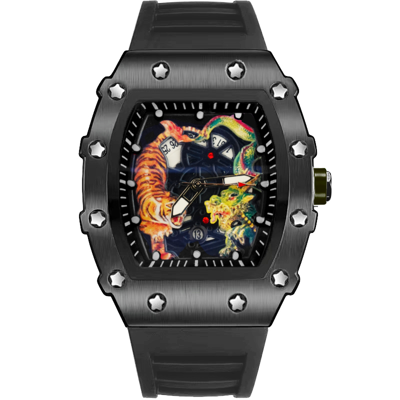 zido品牌非机械表全自动石英防水时尚霸气酒桶型夜光男士手表龙虎