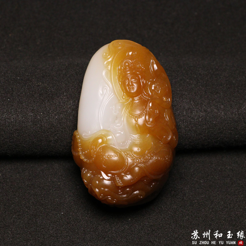 苏州和玉缘新疆和田玉且末金山糖白玉龙观音83.5克玉石男女款挂件