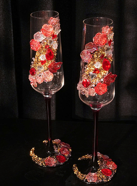 订婚新娘高脚香槟杯花艺装饰新人结婚敬酒杯敬茶杯仪式感真花