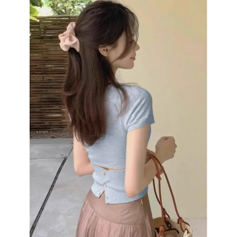 蓝色针织冰丝露背修身正肩短袖女T恤夏季别致甜辣很仙的短款上衣
