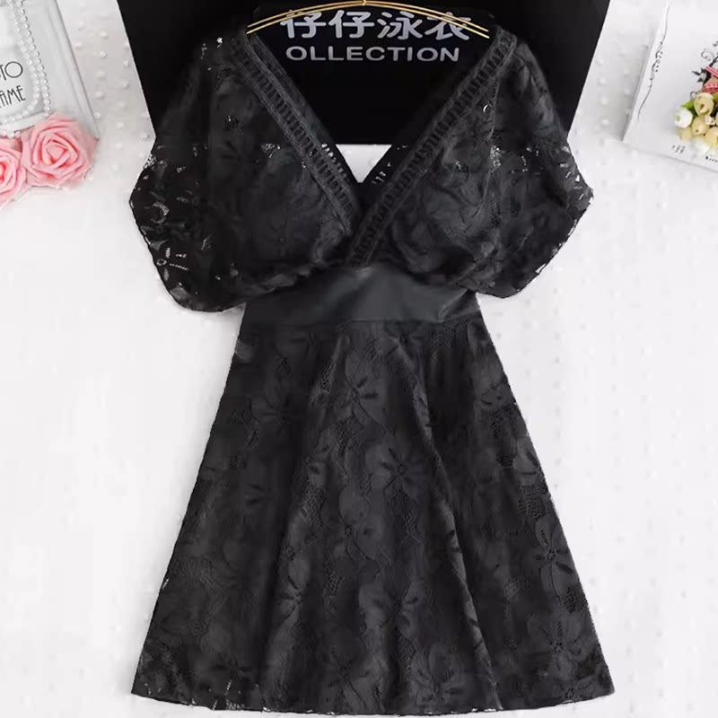 黑色蕾丝泳衣女连体裙式泡温泉小香风遮肚显瘦胖mm大码韩国ins风