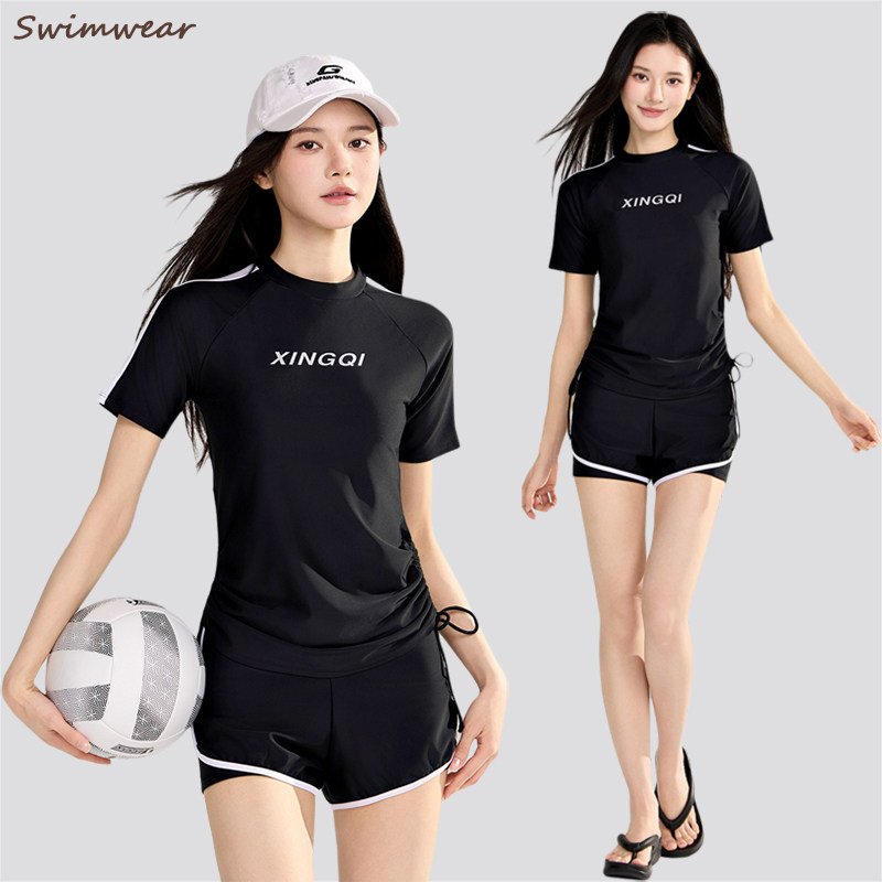 分体泳衣女短袖短裤套装速干训练运动两件套保守遮肚显瘦大码胖mm