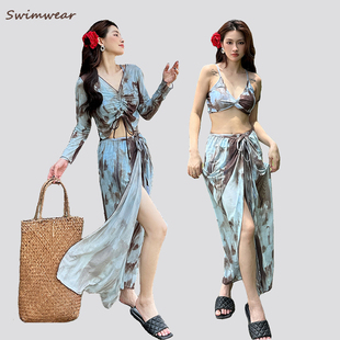 波西米亚长裙泳衣女比基尼分体显瘦遮肉保守四件套大码 胖mm200斤