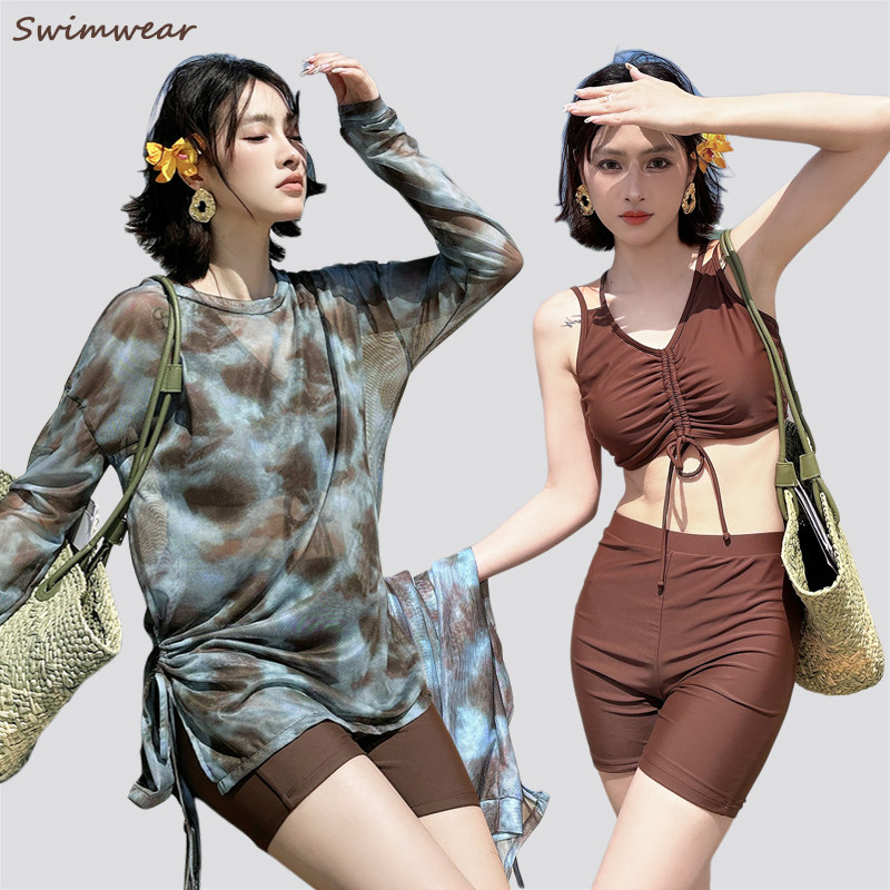 新款长袖泳衣女大码微胖mm遮肉分体三件套高级感显瘦度假温泉长袖