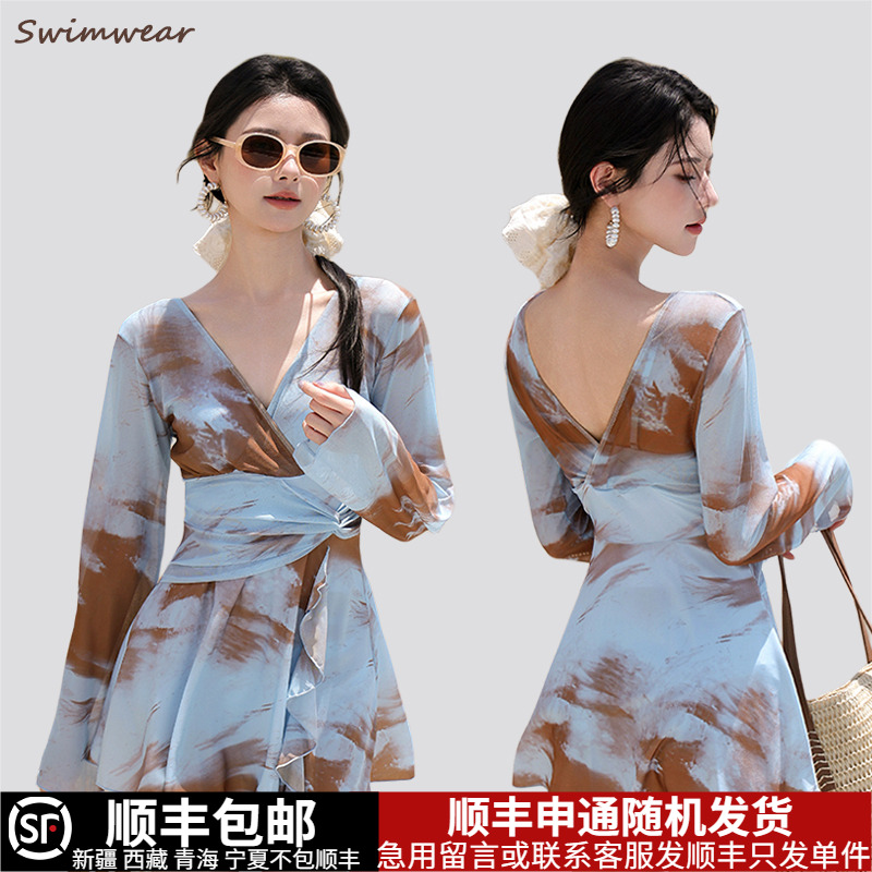 钢托聚拢大码泳衣女连体裙式保守遮肉显瘦胖mm海边泡温泉长袖新款